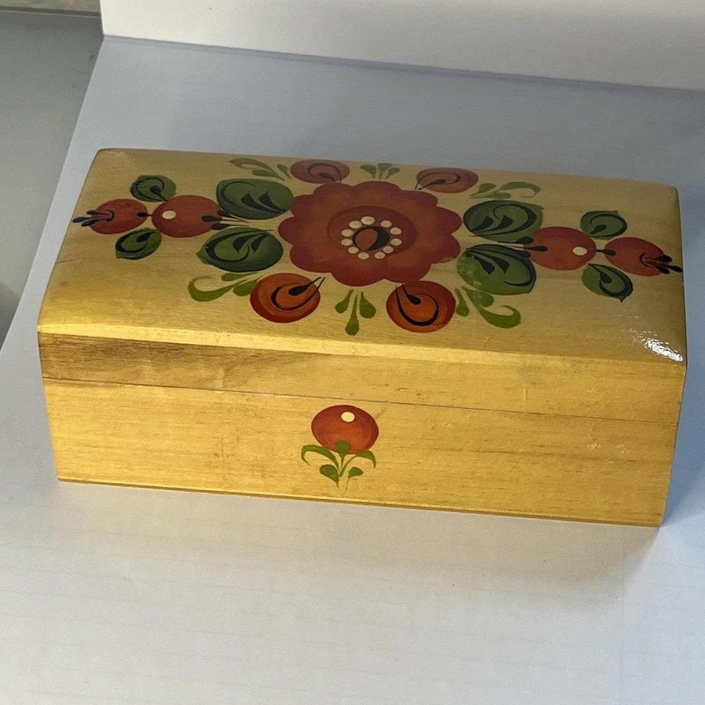 Vintage Russian Folk Art Wooden Box Hand Painted Floral
